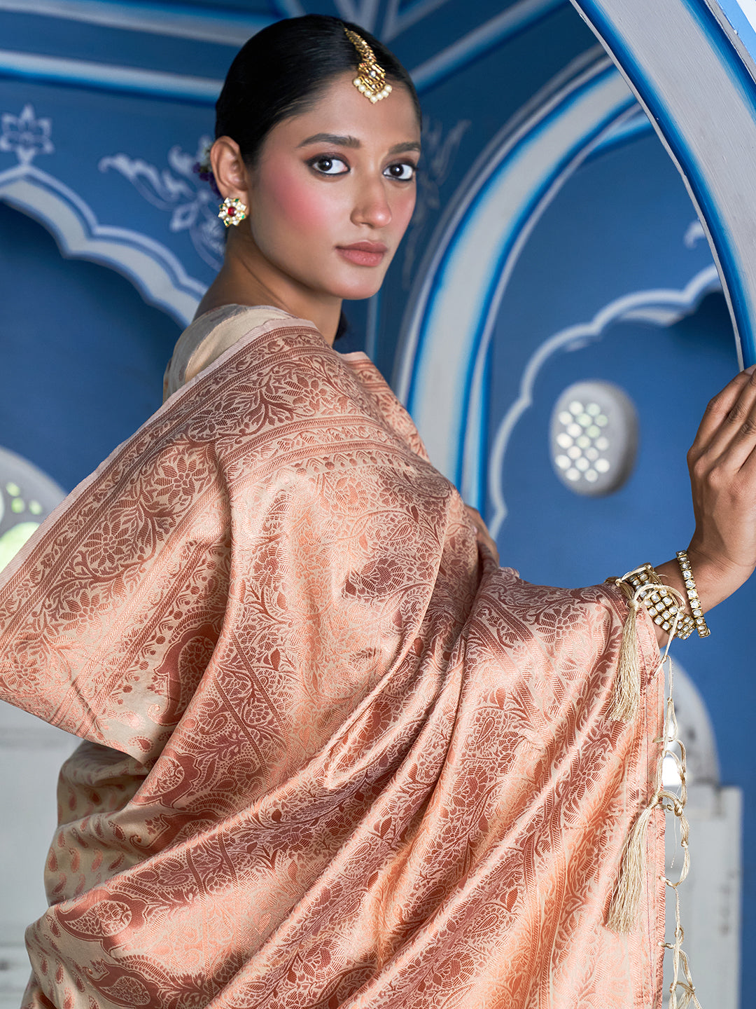 Janasya Beige Chanderi Silk Paisley Woven Design Saree | Grocsy