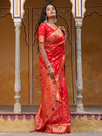 Janasya Red Banarasi Silk Ethnic Motifs Woven Design Saree | Grocsy