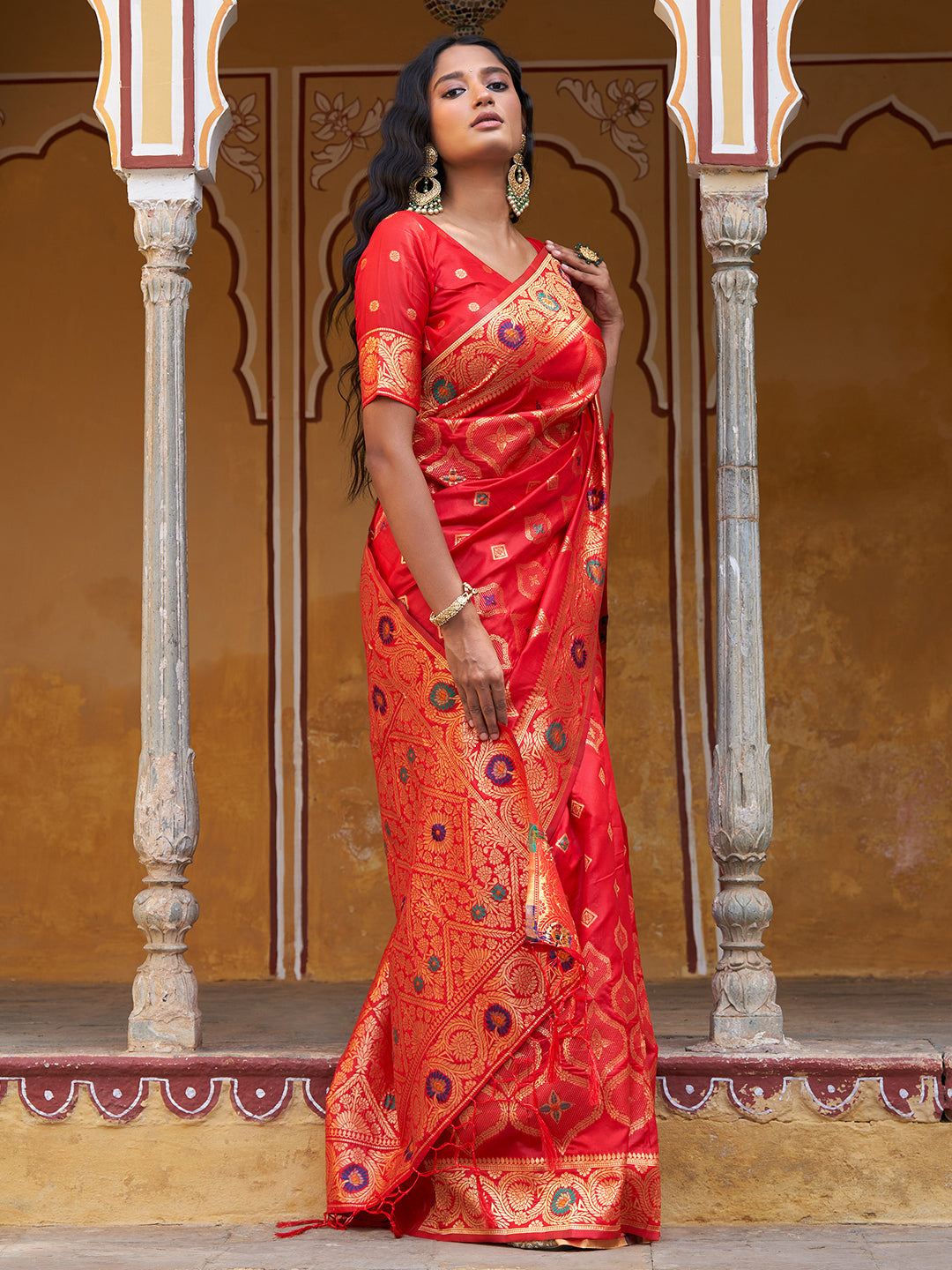 Janasya Red Banarasi Silk Ethnic Motifs Woven Design Saree | Grocsy