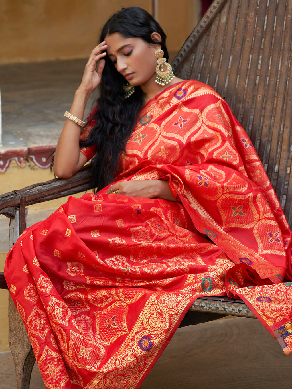 Janasya Red Banarasi Silk Ethnic Motifs Woven Design Saree | Grocsy