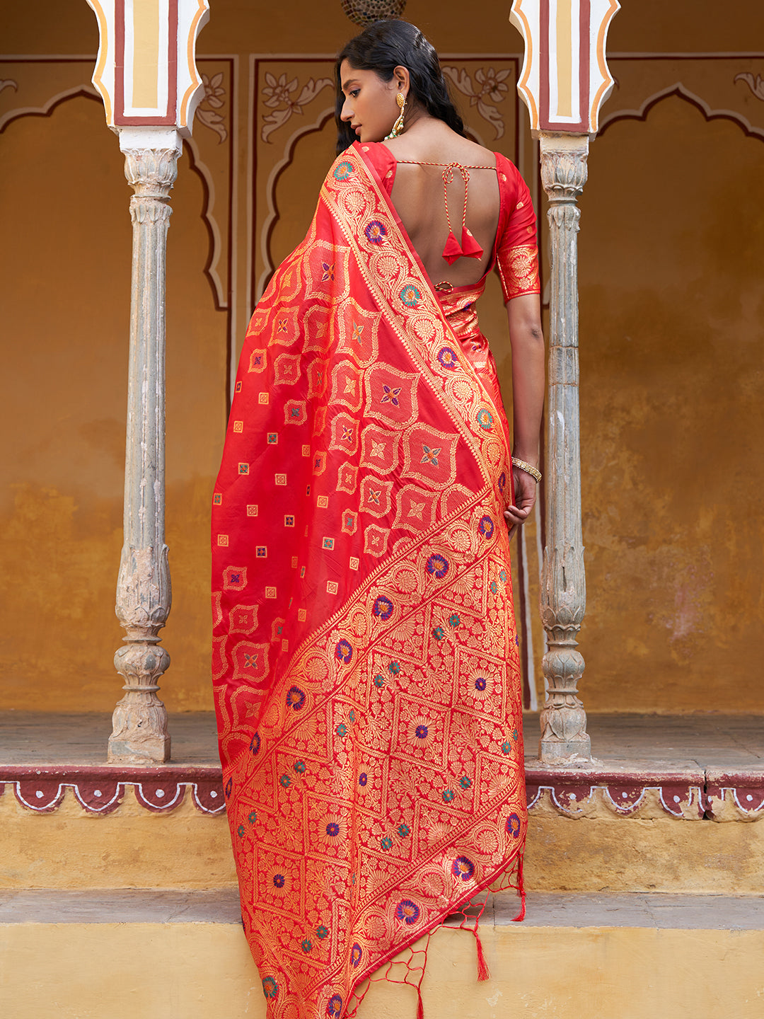 Janasya Red Banarasi Silk Ethnic Motifs Woven Design Saree | Grocsy