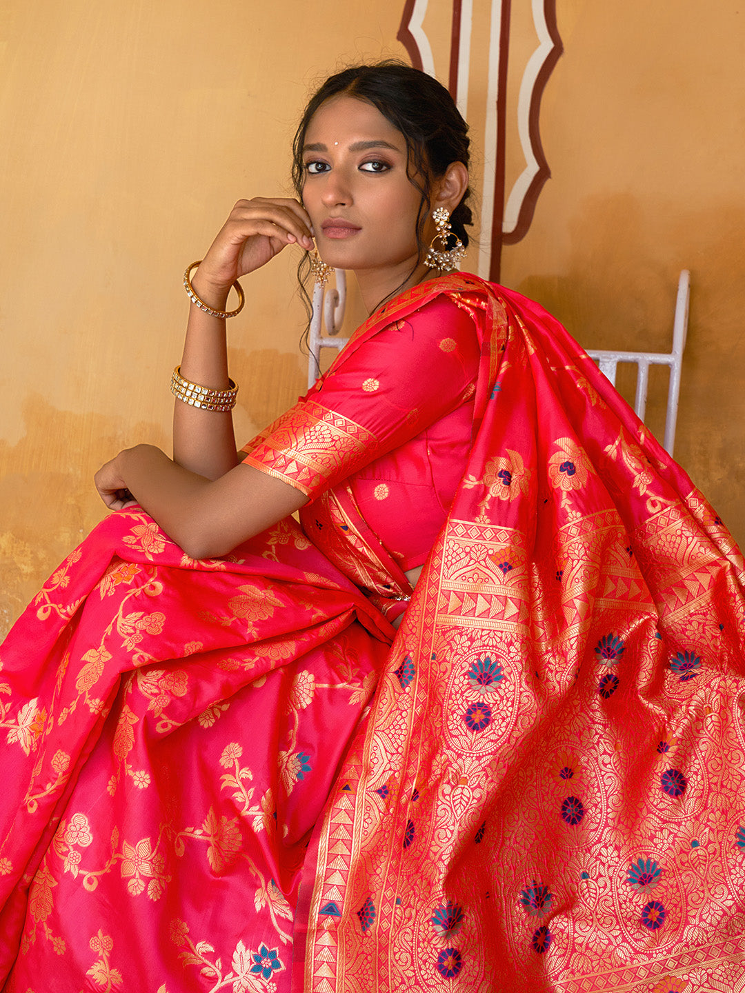 Janasya Pink Banarasi Silk Floral Woven Jaal Saree | Grocsy