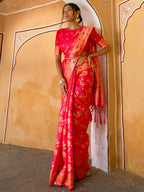 Janasya Pink Banarasi Silk Floral Woven Jaal Saree | Grocsy