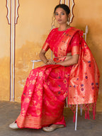 Janasya Pink Banarasi Silk Floral Woven Jaal Saree | Grocsy