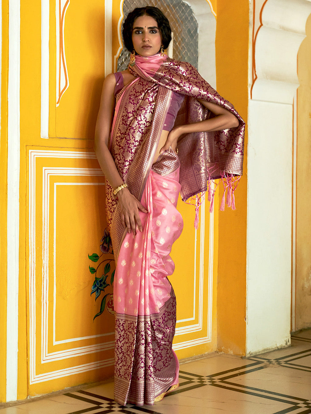 Janasya Pink Banarasi Silk Woven Ethnic Motifs Woven Design Saree | Grocsy