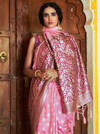 Janasya Pink Banarasi Silk Woven Ethnic Motifs Woven Design Saree | Grocsy