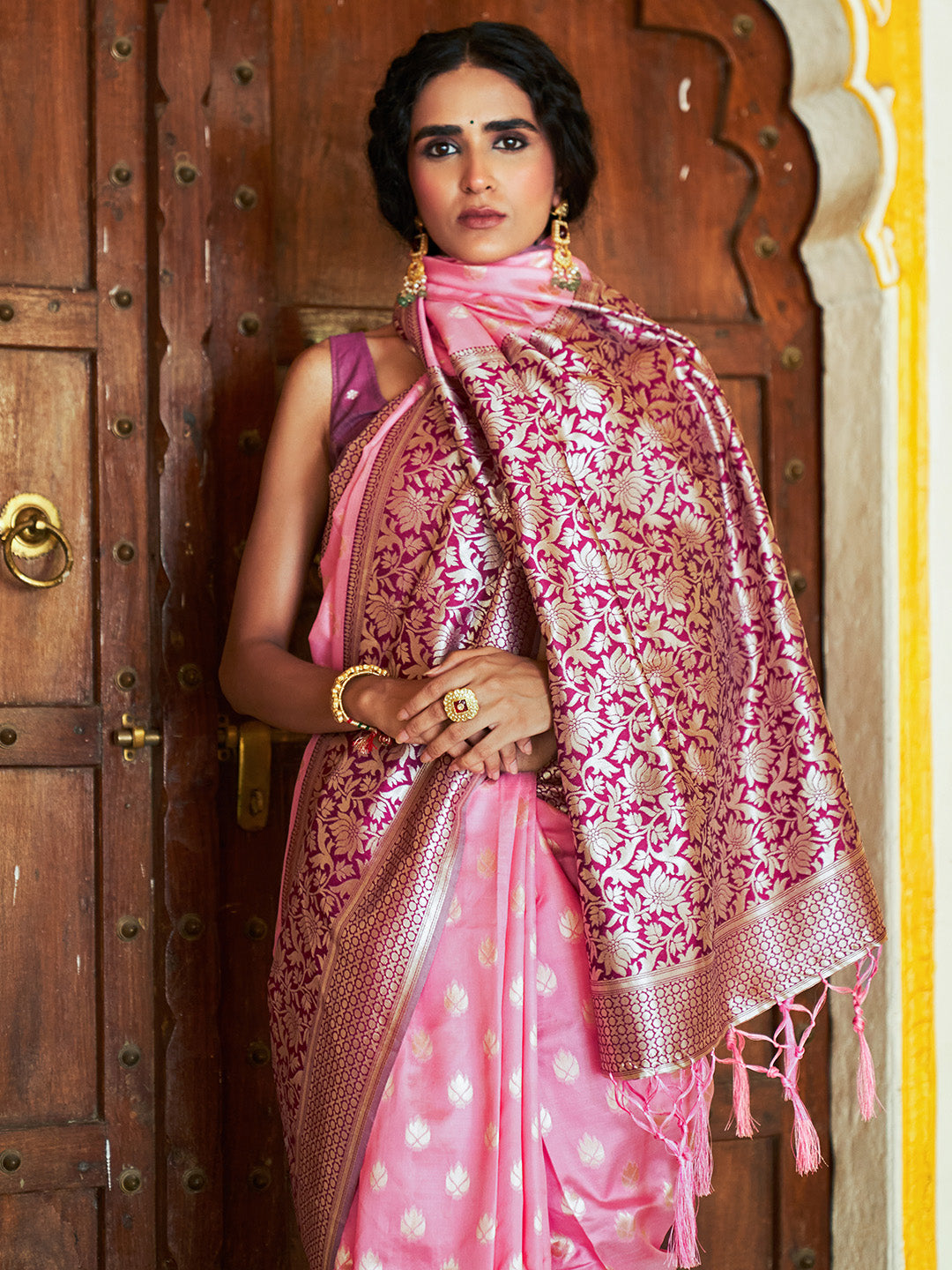 Janasya Pink Banarasi Silk Woven Ethnic Motifs Woven Design Saree | Grocsy