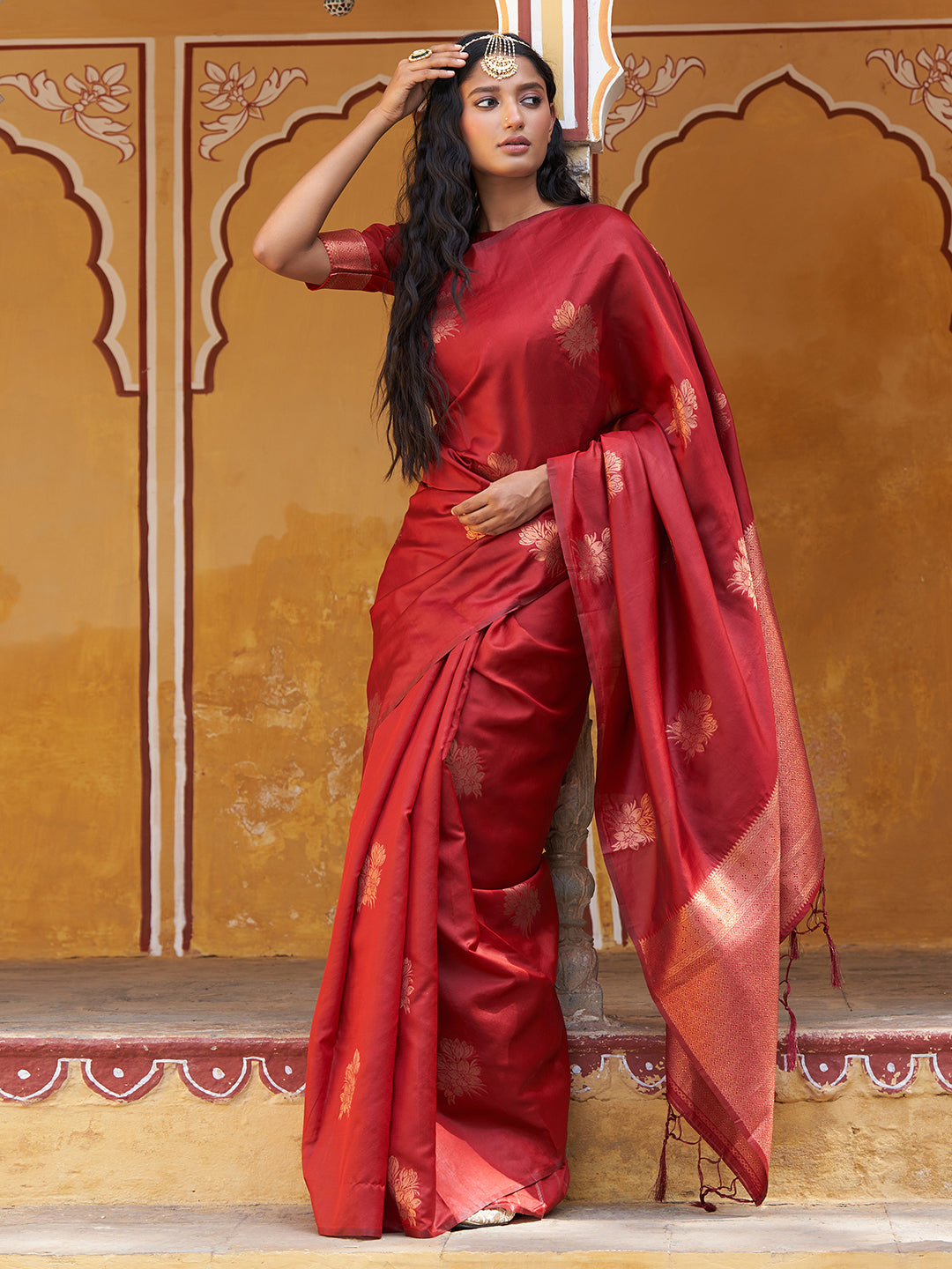 Janasya Red Kanjeevaram Silk Floral Motif Kanjeevaram Silk Saree | Grocsy