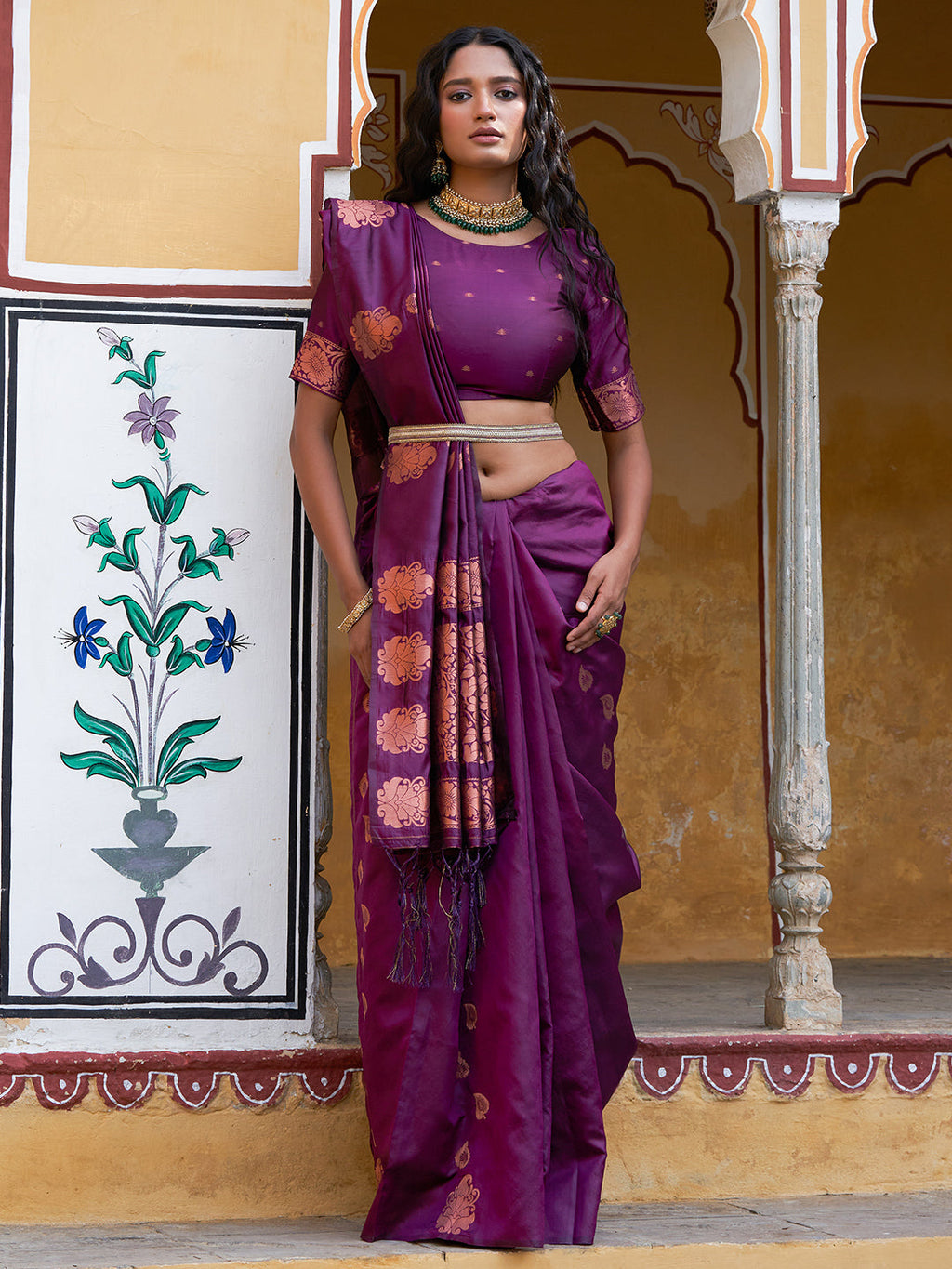 Janasya Wine Kanjeevaram Silk Woven Ethnic Motifs Kanjeevaram Silk Saree | Grocsy