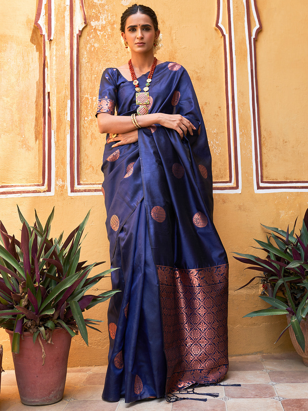 Janasya Navy Blue Kanjeevaram Silk Geometric Design Kanjeevaram Silk Saree | Grocsy