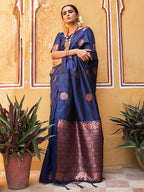 Janasya Navy Blue Kanjeevaram Silk Geometric Design Kanjeevaram Silk Saree | Grocsy
