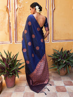 Janasya Navy Blue Kanjeevaram Silk Geometric Design Kanjeevaram Silk Saree | Grocsy