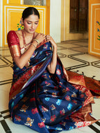 Janasya Navy Blue Cotton Silk Woven Ethnic Motifs Patola Saree | Grocsy