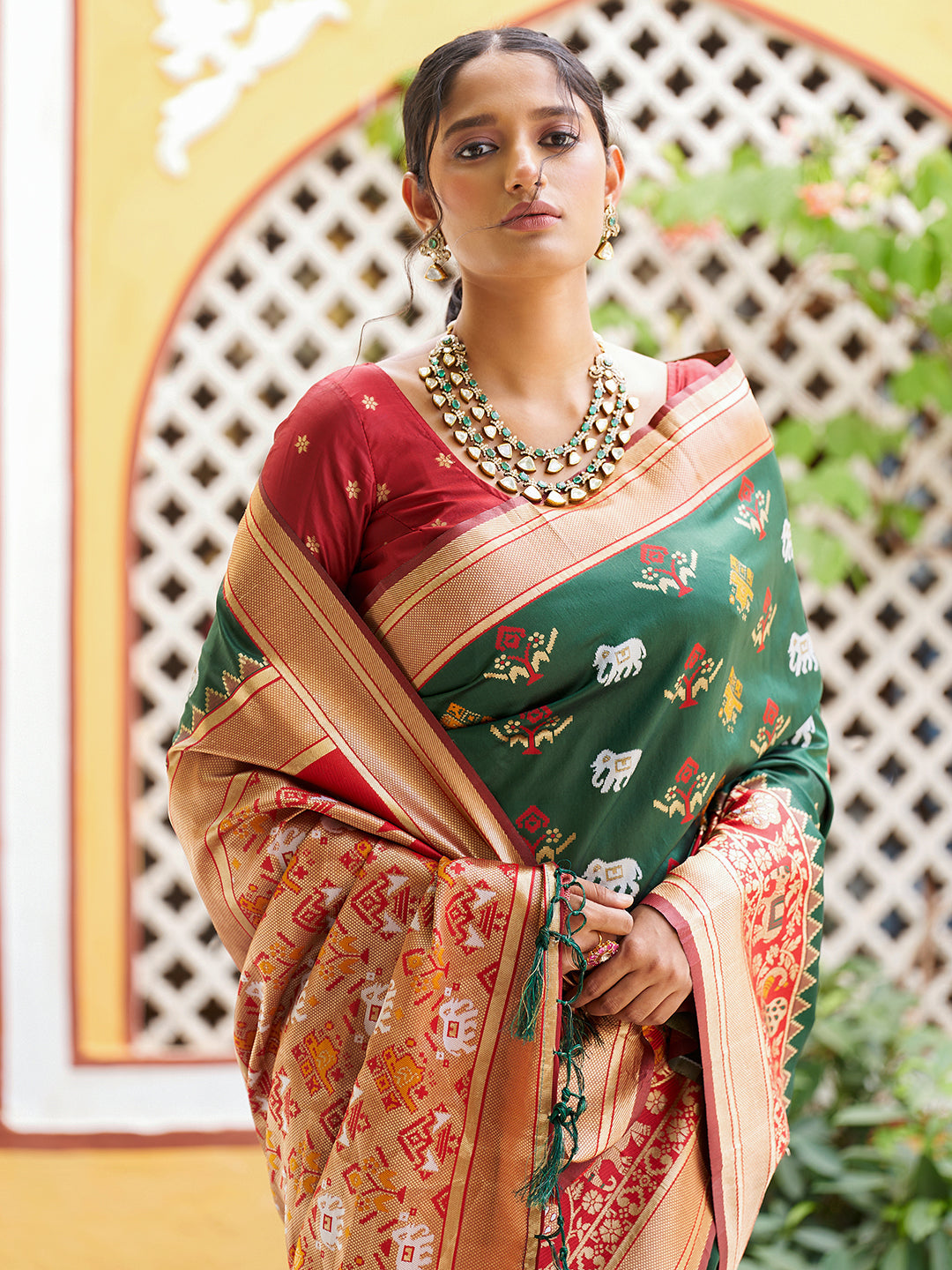 Janasya Green Cotton Silk Woven Ethnic Motifs Patola Saree | Grocsy