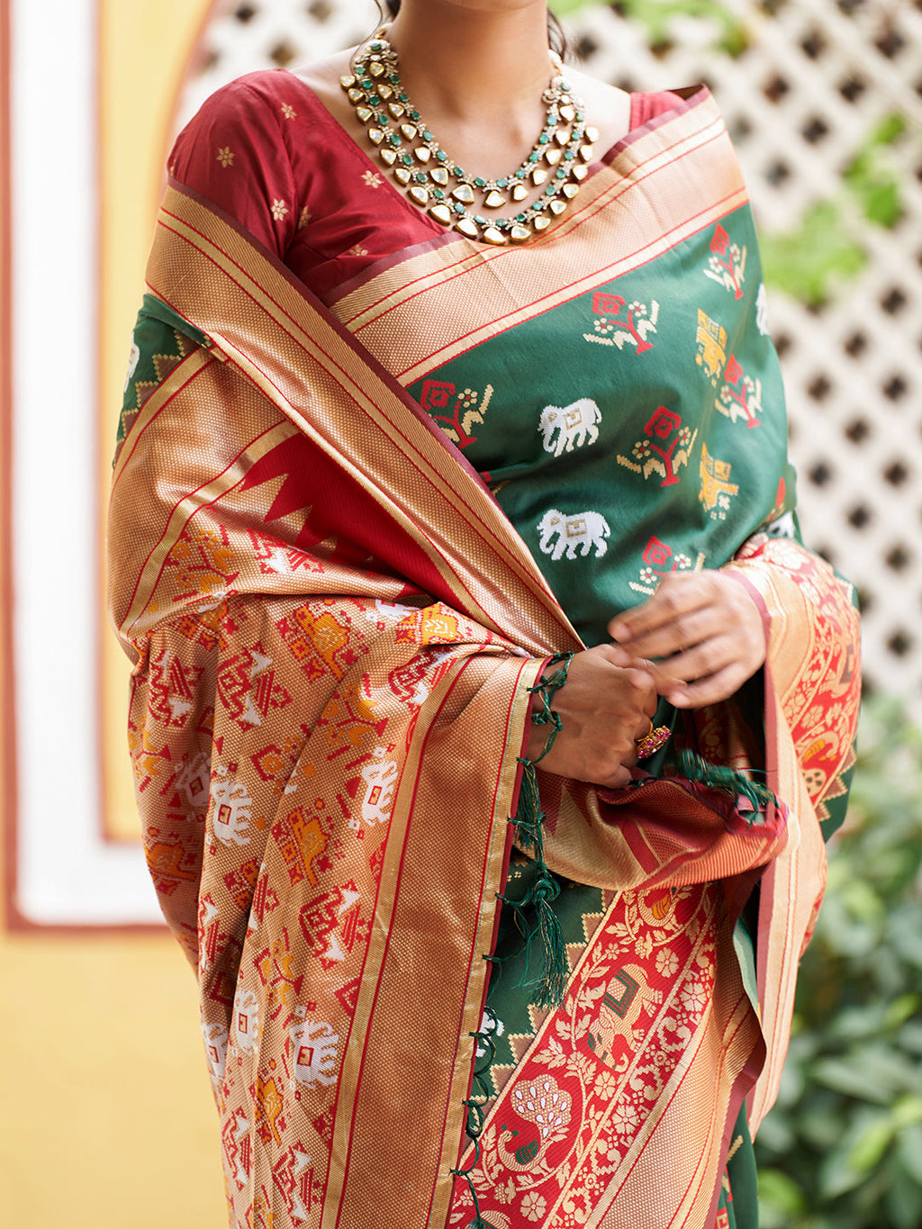 Janasya Green Cotton Silk Woven Ethnic Motifs Patola Saree | Grocsy