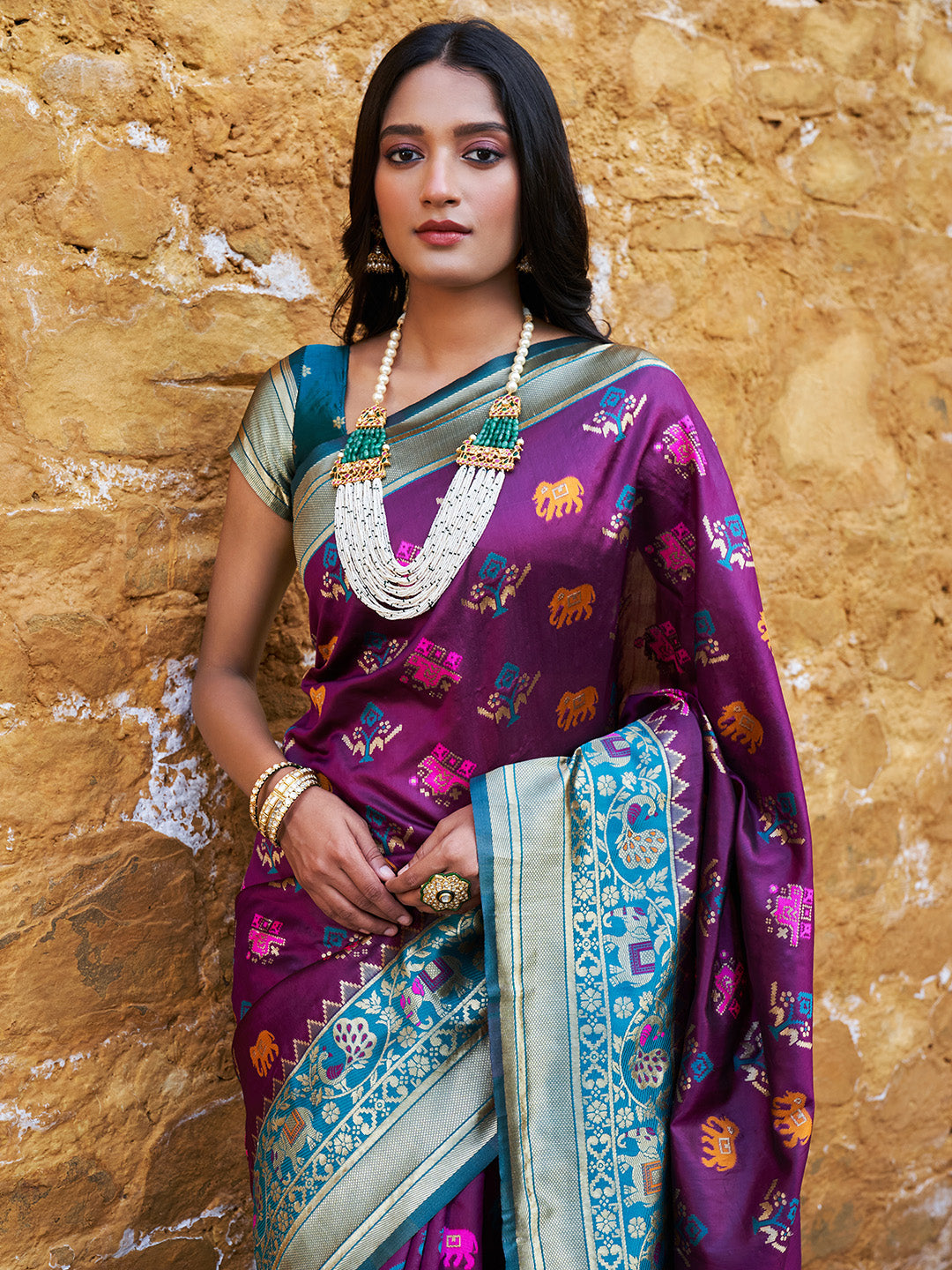 Janasya Wine Cotton Silk Woven Ethnic Motifs Patola Saree | Grocsy