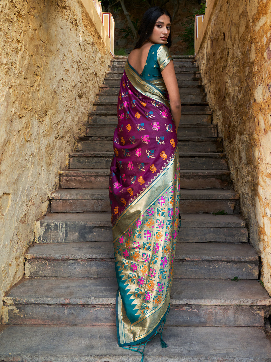 Janasya Wine Cotton Silk Woven Ethnic Motifs Patola Saree | Grocsy