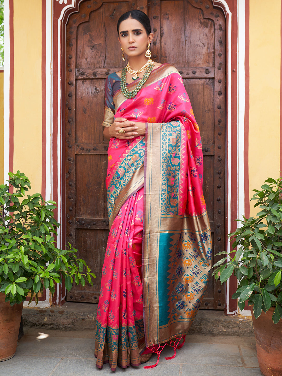 Janasya Pink Cotton Silk Woven Ethnic Motifs Patola Saree | Grocsy
