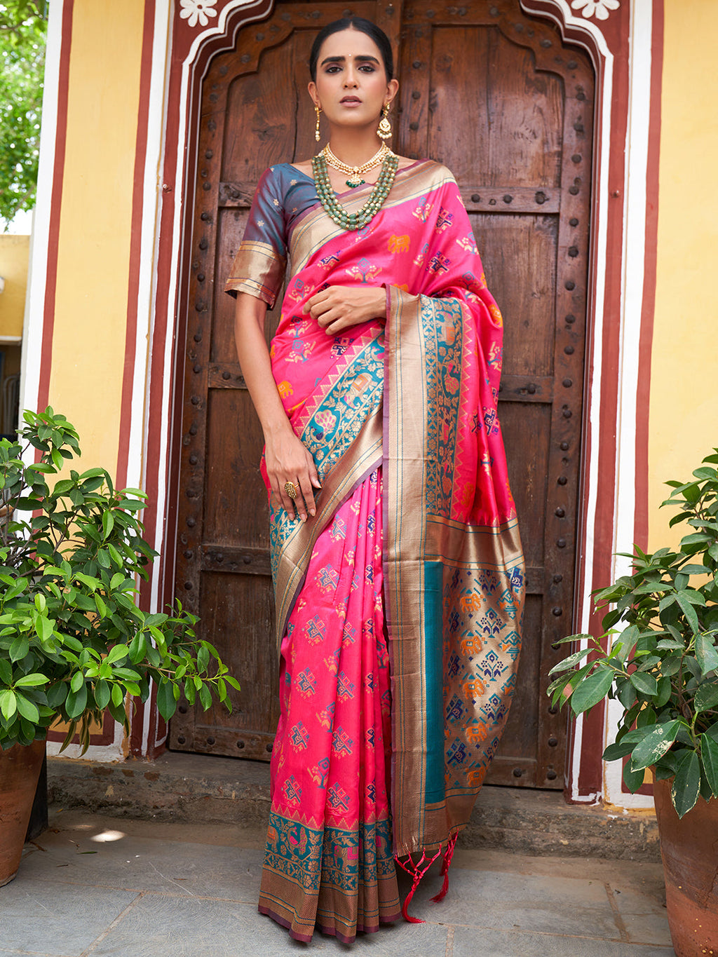Janasya Pink Cotton Silk Woven Ethnic Motifs Patola Saree | Grocsy