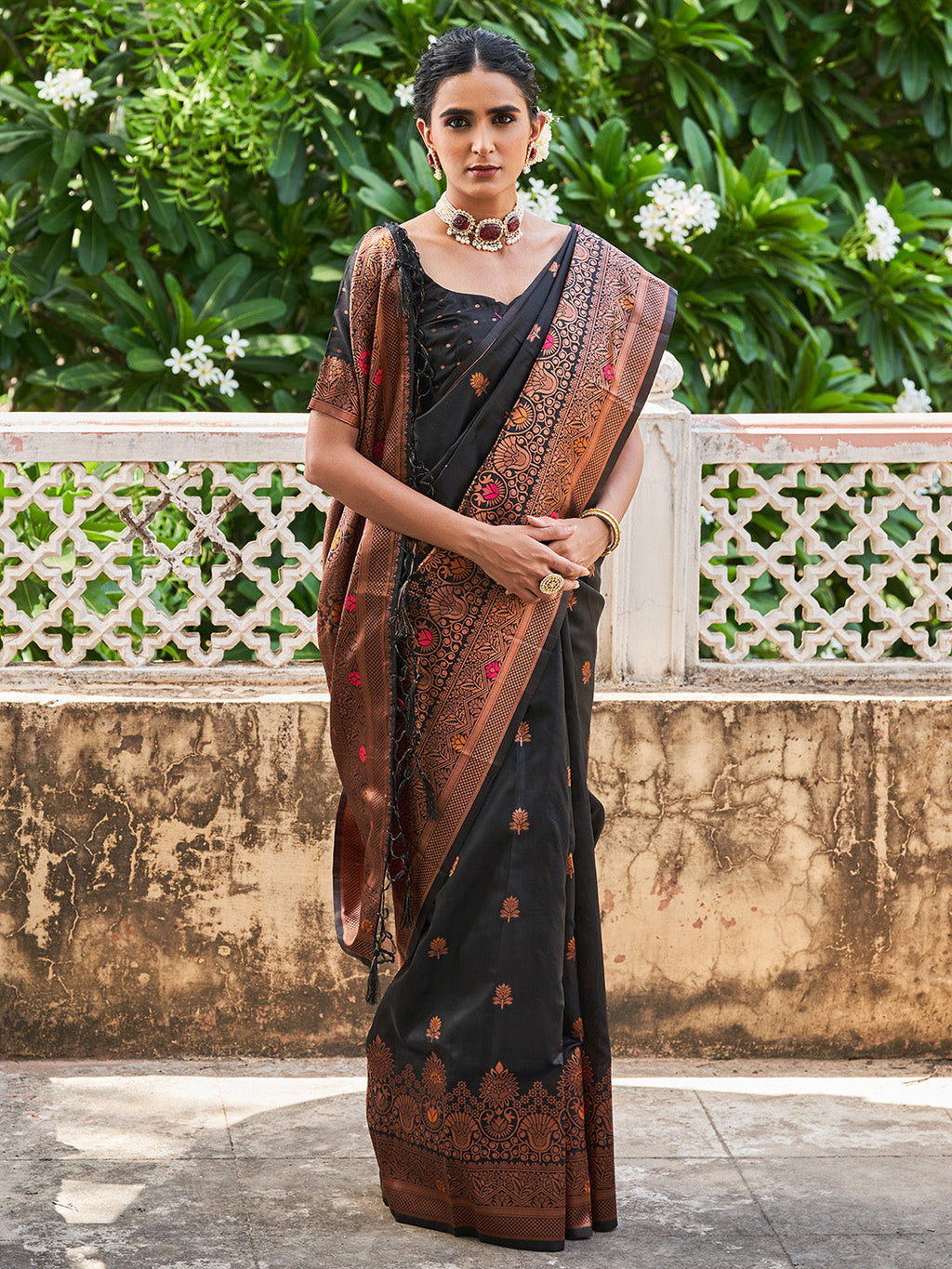 Janasya Black Banarasi Silk Woven Floral Design Banarasi Silk Saree | Grocsy