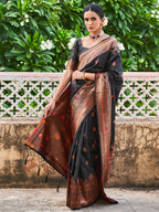 Janasya Black Banarasi Silk Woven Floral Design Banarasi Silk Saree | Grocsy