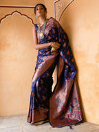 Janasya Navy Blue Banarasi Silk Woven Dual Tone Floral Design Banarasi Silk Saree | Grocsy