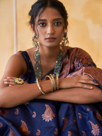 Janasya Navy Blue Banarasi Silk Woven Dual Tone Floral Design Banarasi Silk Saree | Grocsy