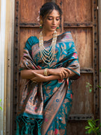 Janasya Teal Green Banarasi Silk Woven Dual Tone Floral Design Banarasi Silk Saree | Grocsy