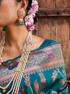 Janasya Teal Green Banarasi Silk Woven Dual Tone Floral Design Banarasi Silk Saree | Grocsy