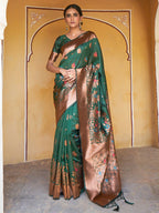 Janasya Green Banarasi Silk Woven Dual Tone Floral Design Banarasi Silk Saree | Grocsy