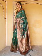 Janasya Green Banarasi Silk Woven Dual Tone Floral Design Banarasi Silk Saree | Grocsy