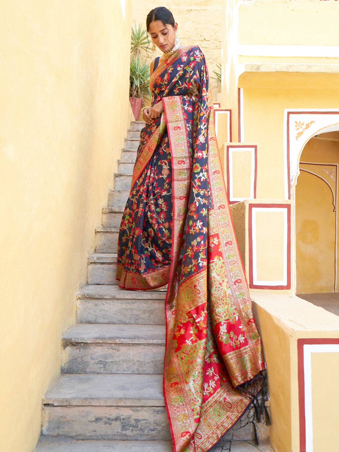 Janasya Navy Blue Chanderi Silk Pashmina Woven Design Saree | Grocsy