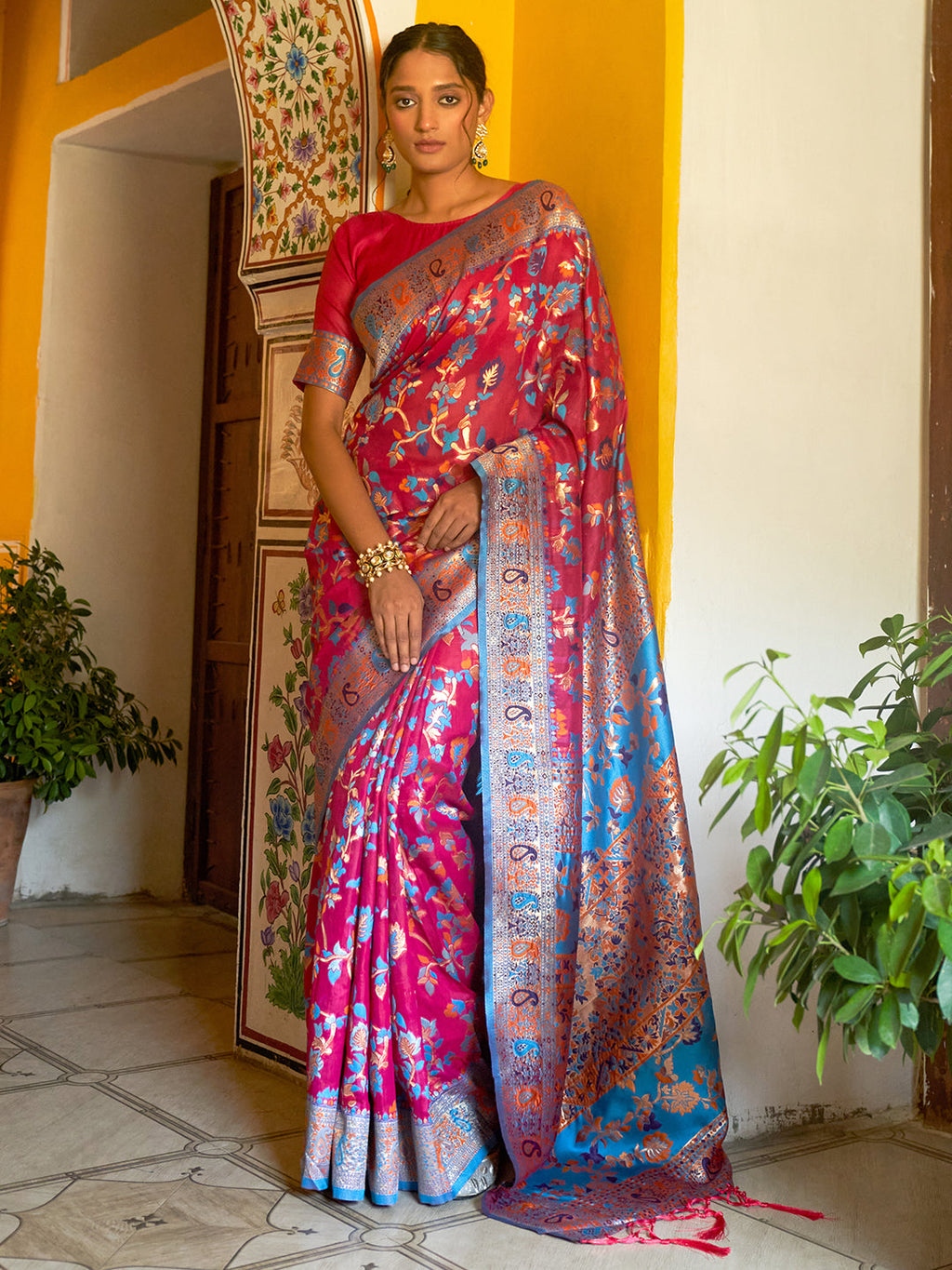Janasya Pink Chanderi Silk Pashmina Woven Design Saree | Grocsy