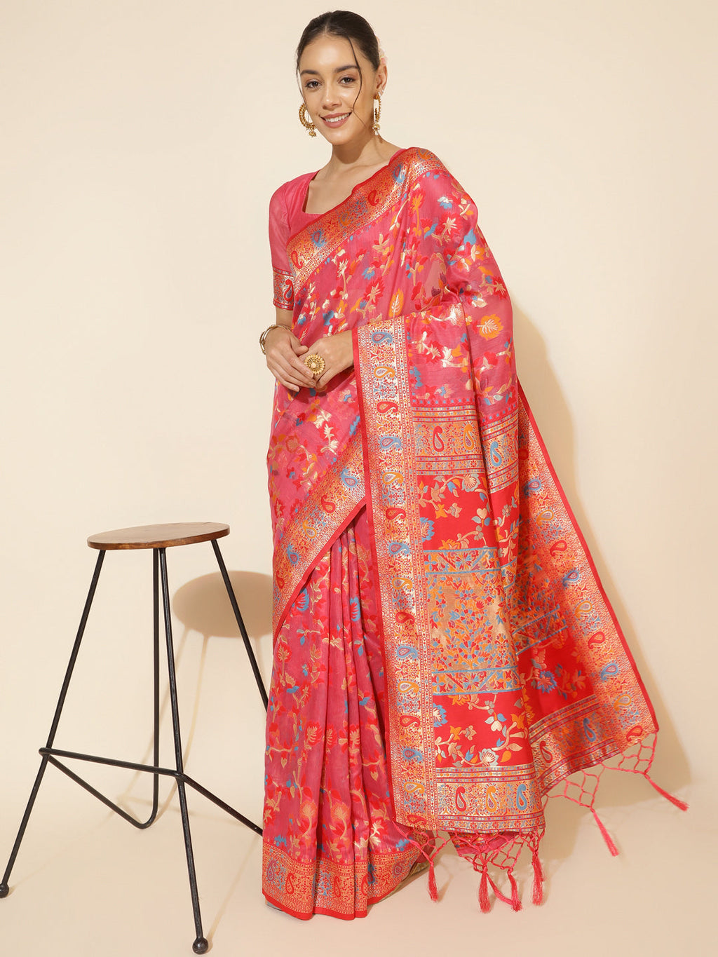 Janasya Pink Chanderi Silk Pashmina Woven Design Saree | Grocsy