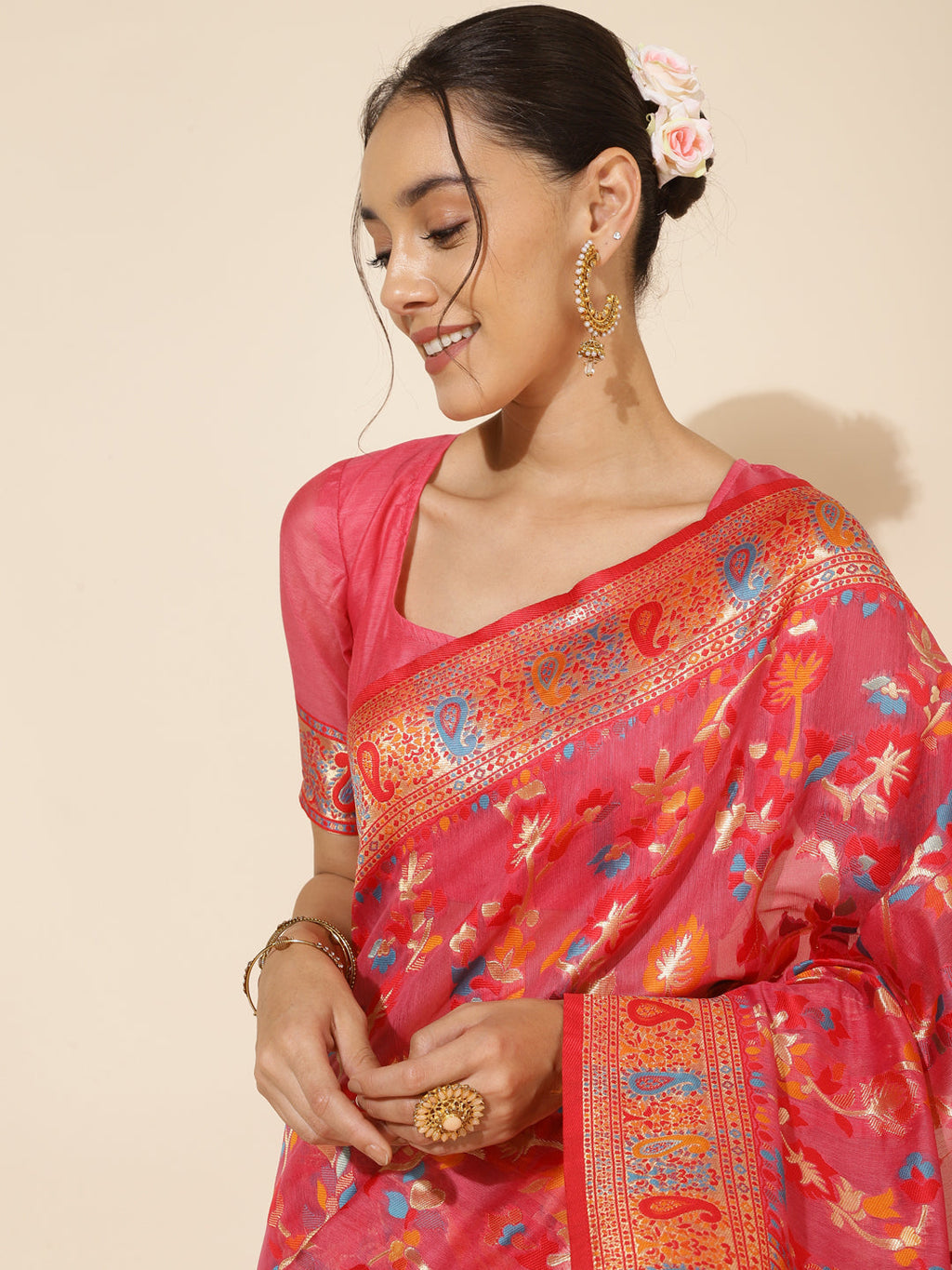 Janasya Pink Chanderi Silk Pashmina Woven Design Saree | Grocsy