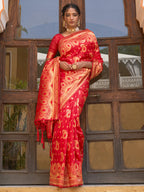 Janasya Red Banarasi Silk Paisley Woven Design Saree | Grocsy