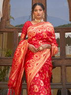 Janasya Red Banarasi Silk Paisley Woven Design Saree | Grocsy