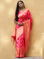 Janasya Pink Banarasi Silk Ethnic Motifs Woven Design Saree | Grocsy