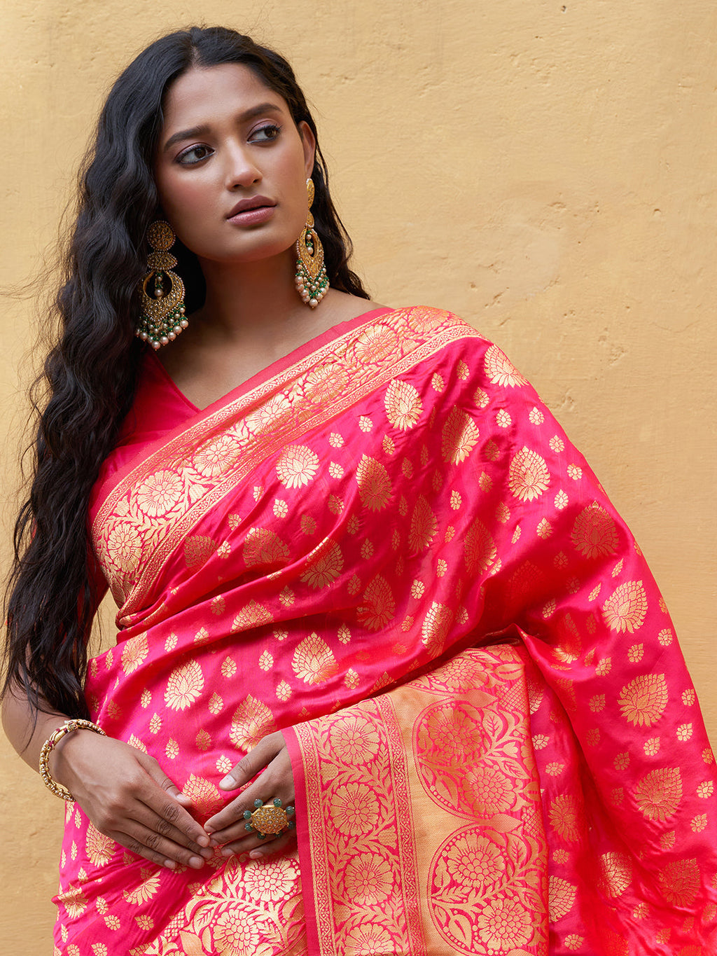 Janasya Pink Banarasi Silk Ethnic Motifs Woven Design Saree | Grocsy