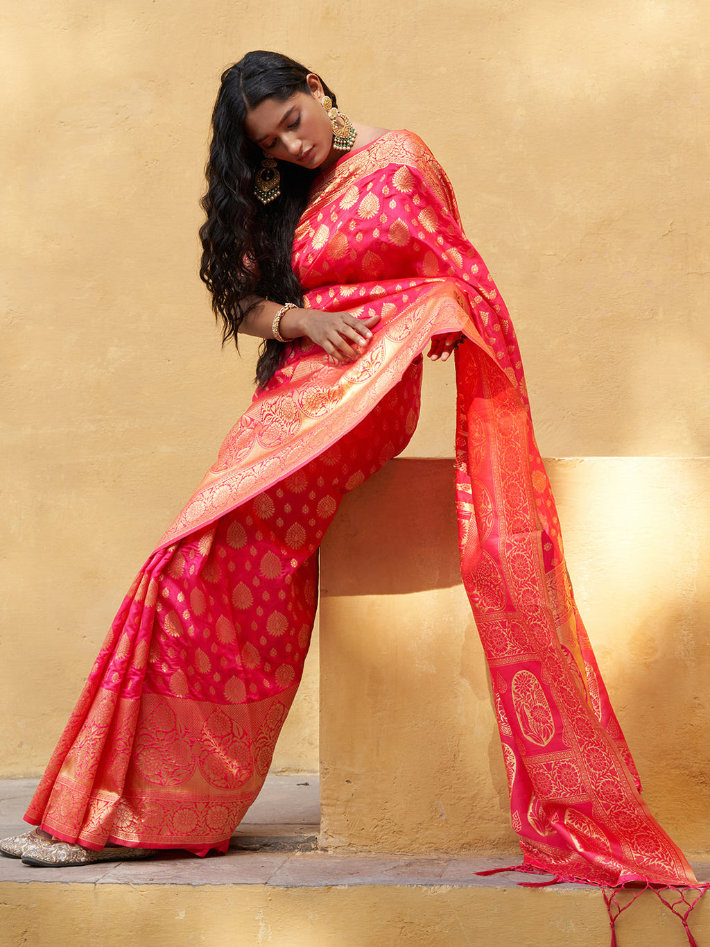 Janasya Pink Banarasi Silk Ethnic Motifs Woven Design Saree | Grocsy