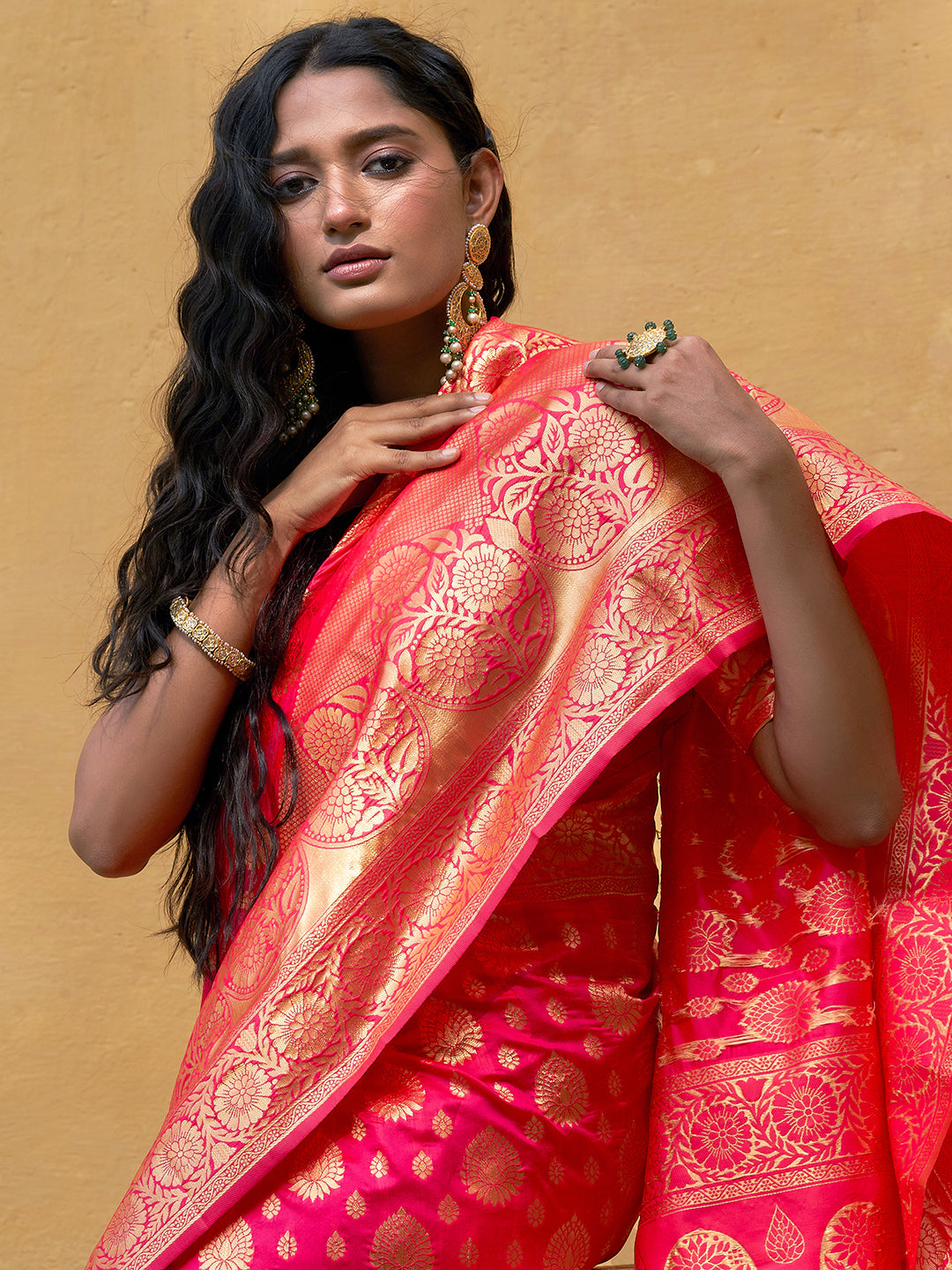 Janasya Pink Banarasi Silk Ethnic Motifs Woven Design Saree | Grocsy
