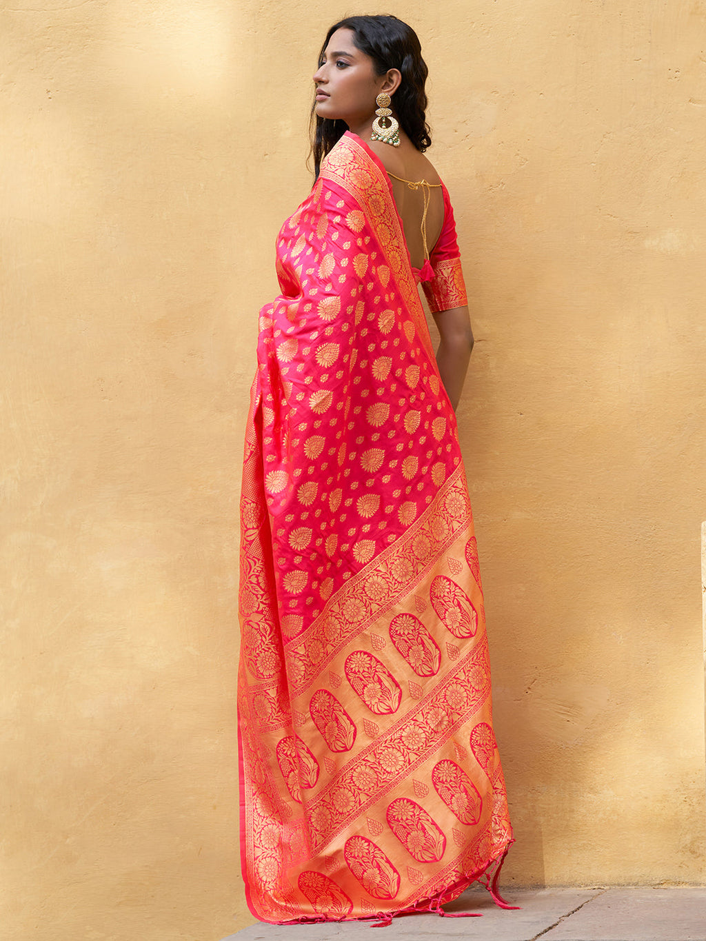 Janasya Pink Banarasi Silk Ethnic Motifs Woven Design Saree | Grocsy