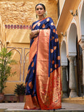 Janasya Navy Blue Silk Blend Woven Ethnic Motifs Woven Design Saree | Grocsy