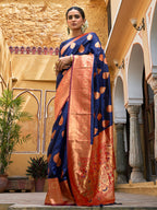 Janasya Navy Blue Silk Blend Woven Ethnic Motifs Woven Design Saree | Grocsy