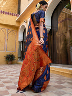 Janasya Navy Blue Silk Blend Woven Ethnic Motifs Woven Design Saree | Grocsy