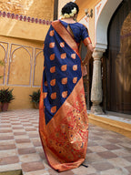 Janasya Navy Blue Silk Blend Woven Ethnic Motifs Woven Design Saree | Grocsy