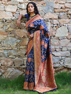 Janasya Navy Blue Silk Blend Woven Jaal Motif Woven Design Saree | Grocsy