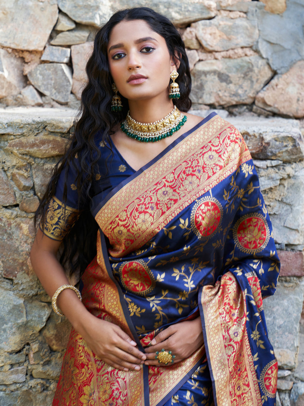Janasya Navy Blue Silk Blend Woven Jaal Motif Woven Design Saree | Grocsy