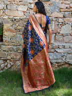 Janasya Navy Blue Silk Blend Woven Jaal Motif Woven Design Saree | Grocsy
