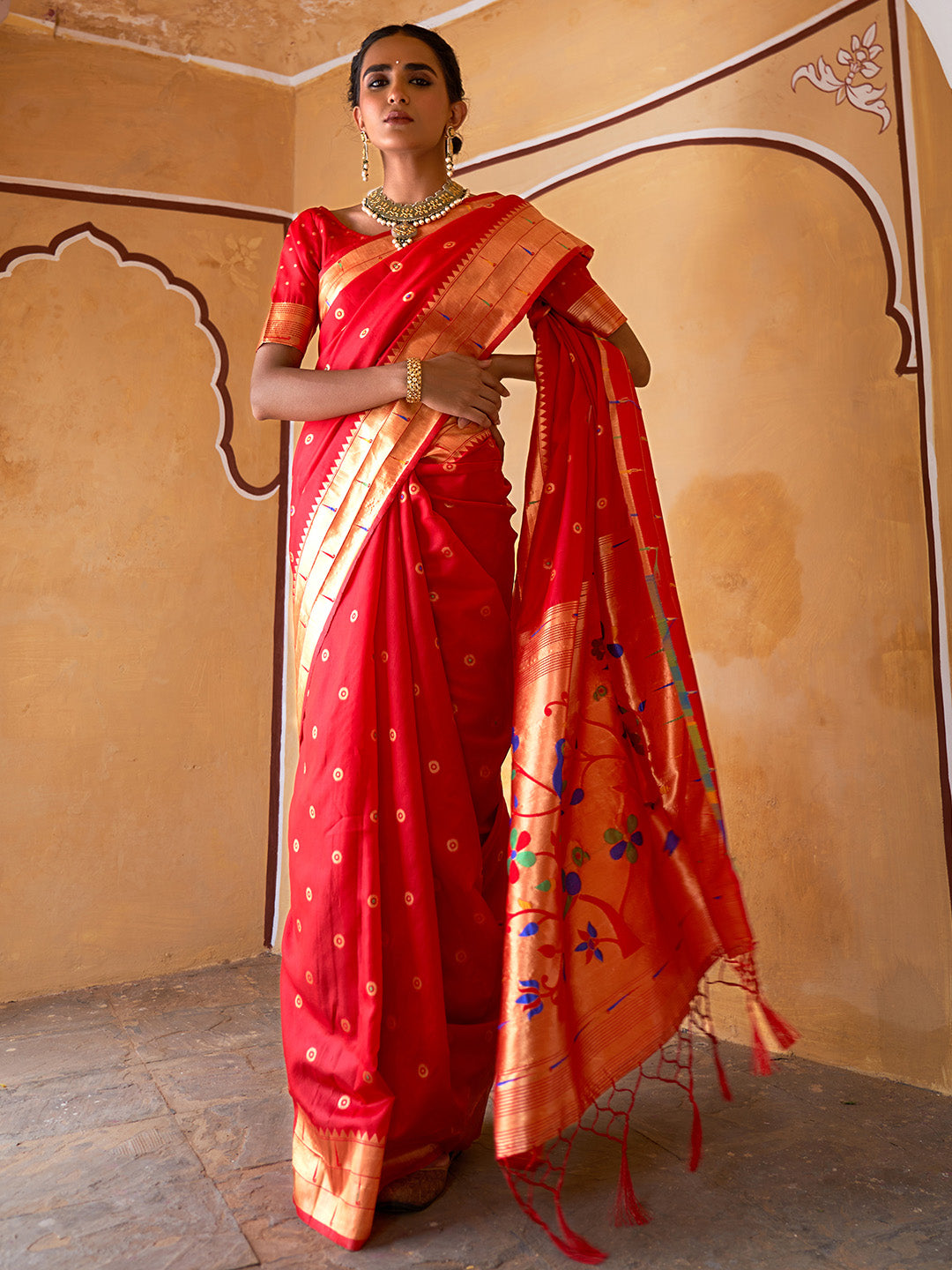 Janasya Red Paithani Silk Ethnic Motifs Paithani Silk Saree | Grocsy